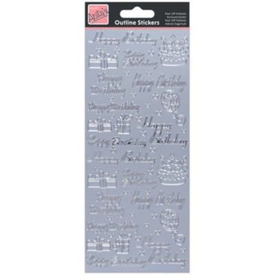 Outline Stickers, Happy Birthday Assorted, Silver