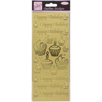Outline Stickers, Birthday Cupcake, Gold