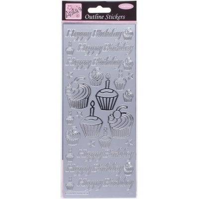 Outline Stickers, Birthday Cupcake, Silver