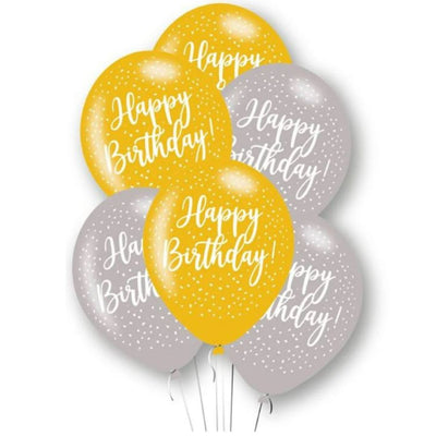 Happy Birthday Gold & Silver Balloons 28cm (6 pack)