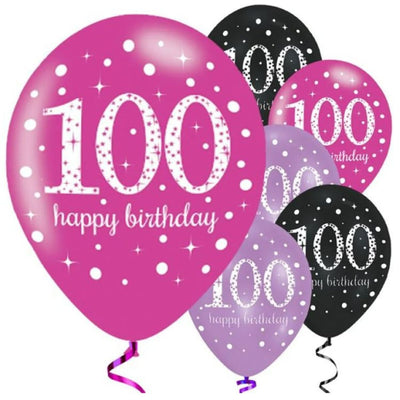 Happy 100th Birthday Pink Mix Balloons 28cm (6 pack)