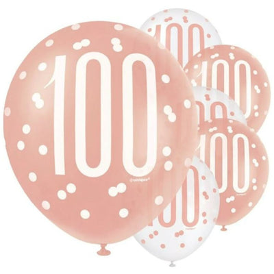 Rose Gold Glitz 100th Birthday Balloons 30cm (6 pack)