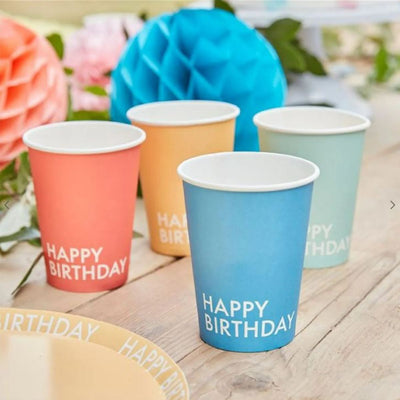 Mix It Up Brights Happy Birthday Eco Paper Cups 266ml (8 pack)