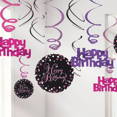 Pink Happy Birthday Hanging Swirls (12 pack)