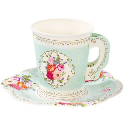 Vintage Tea Party Paper Cups with Saucers (12 pack)